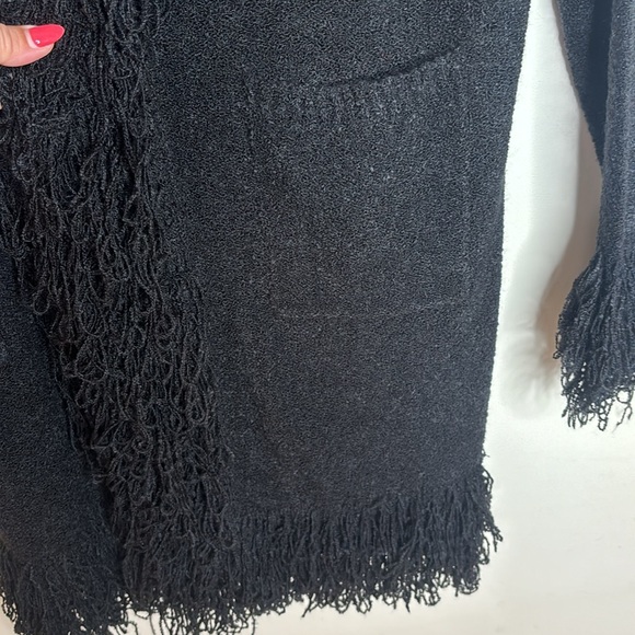 VARIATIONS Soft Black Stretchy Open Front Fringe Long Cardigan Sweater - Picture 10 of 13